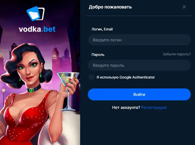 Авторизация в аккаунте Vodka Casino для начала игры и активации бонусов.